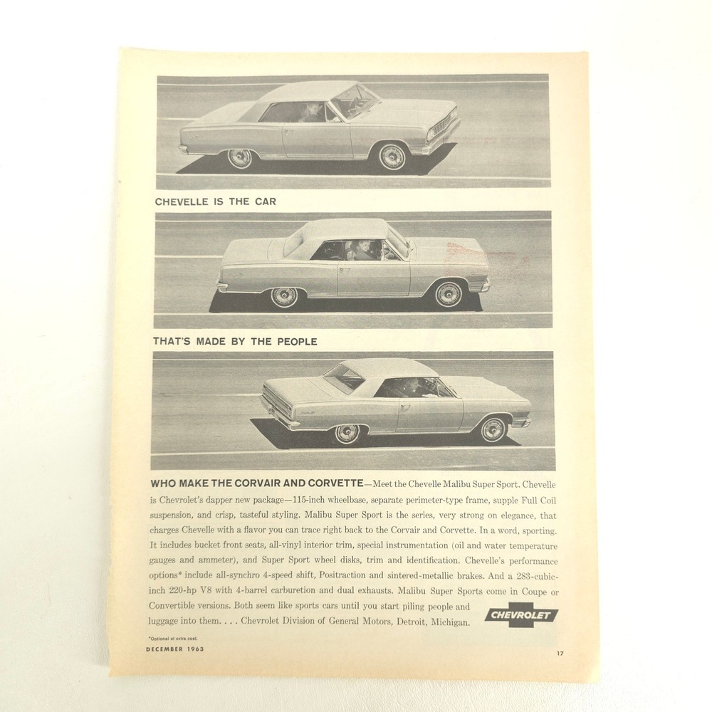 Chevrolet Chevelle Malibu Super Sport Print Ad Vintage Muscle Car Wall Art Decor